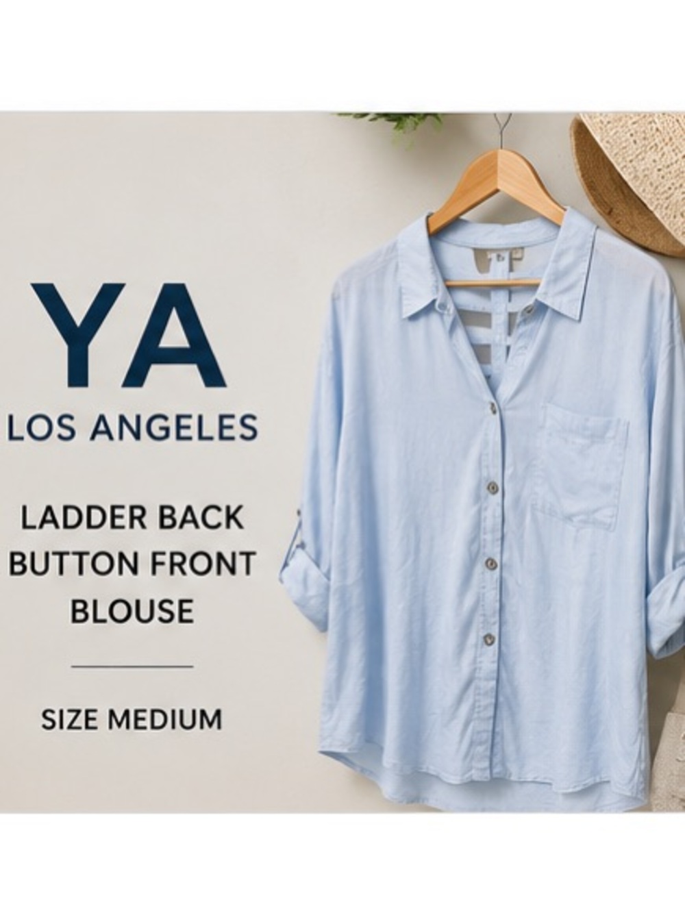 YA Los Angeles Light Blue Button Front Ladder Back Blouse Medium Roll Tab Sleeve